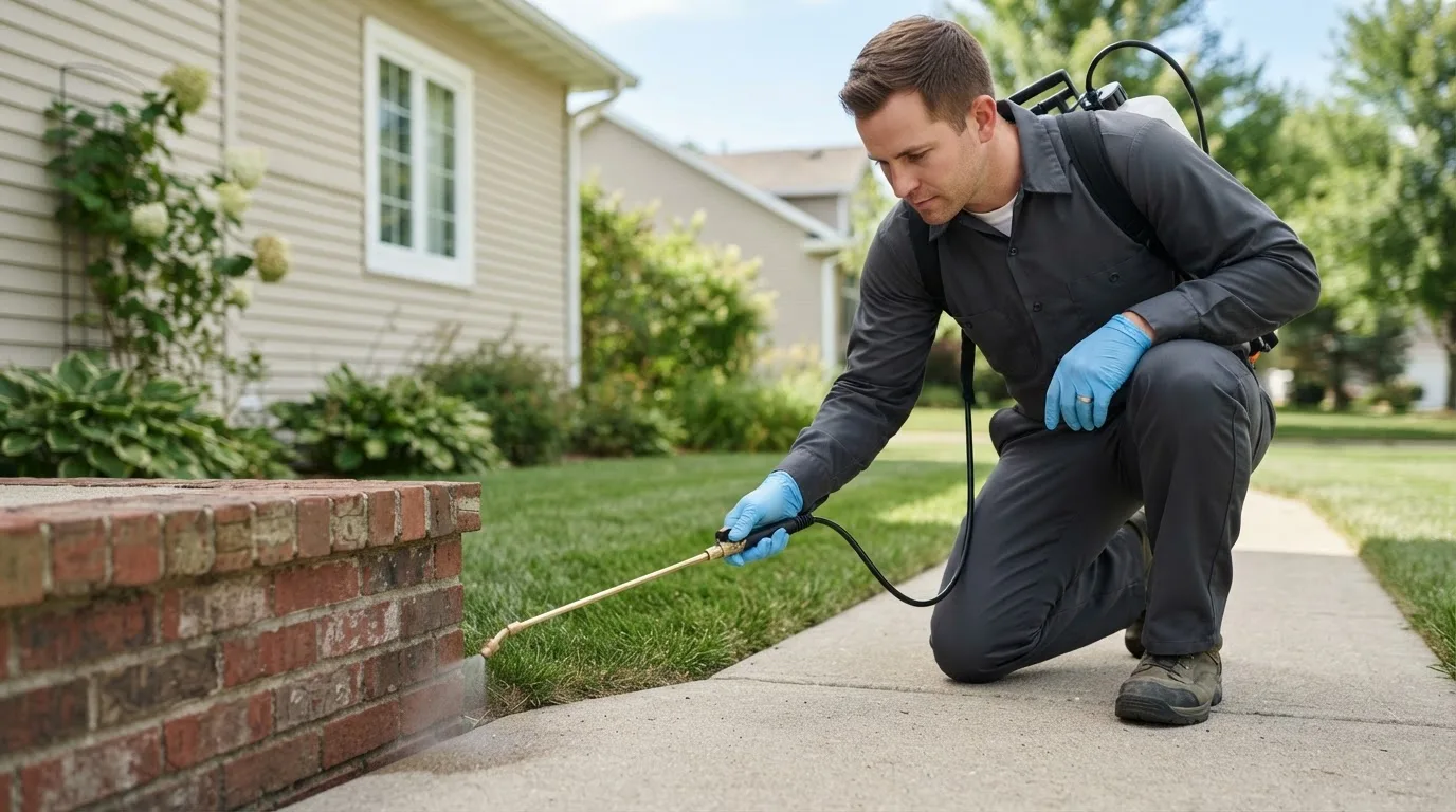 Pest control technician treating a home near Wellington, OH