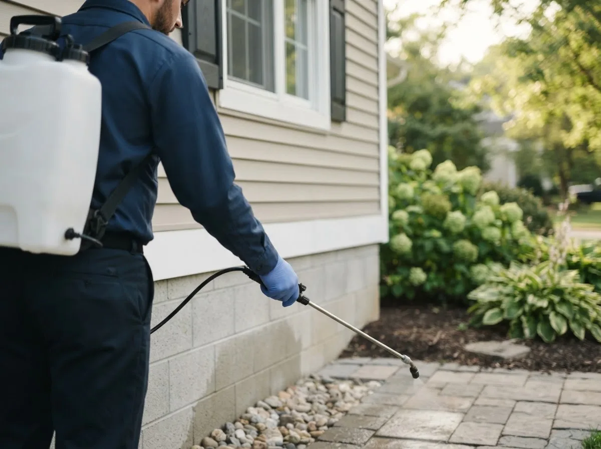 Pest control technician inspecting a home in Wellington, OH